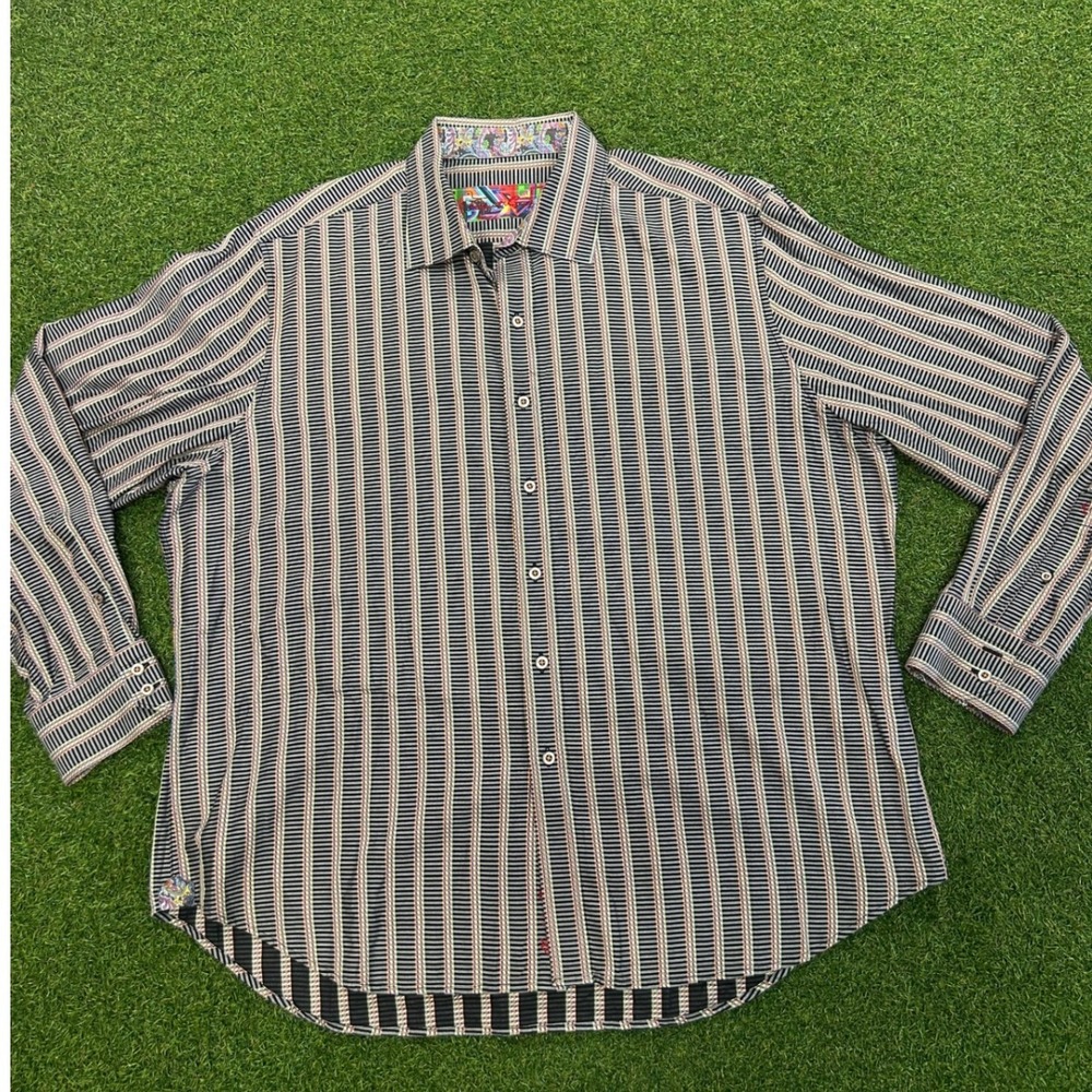 Robert Graham Mens Long Sleeve Button Down Striped Shirt Black Multi Size L